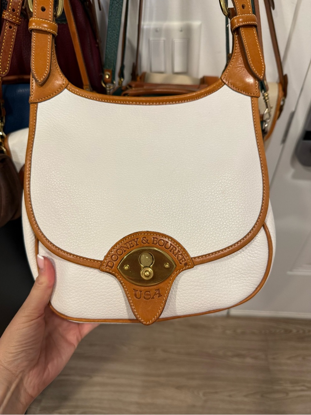 Dooney & Bourke White Leather Shoulder Bag with Tan Trim